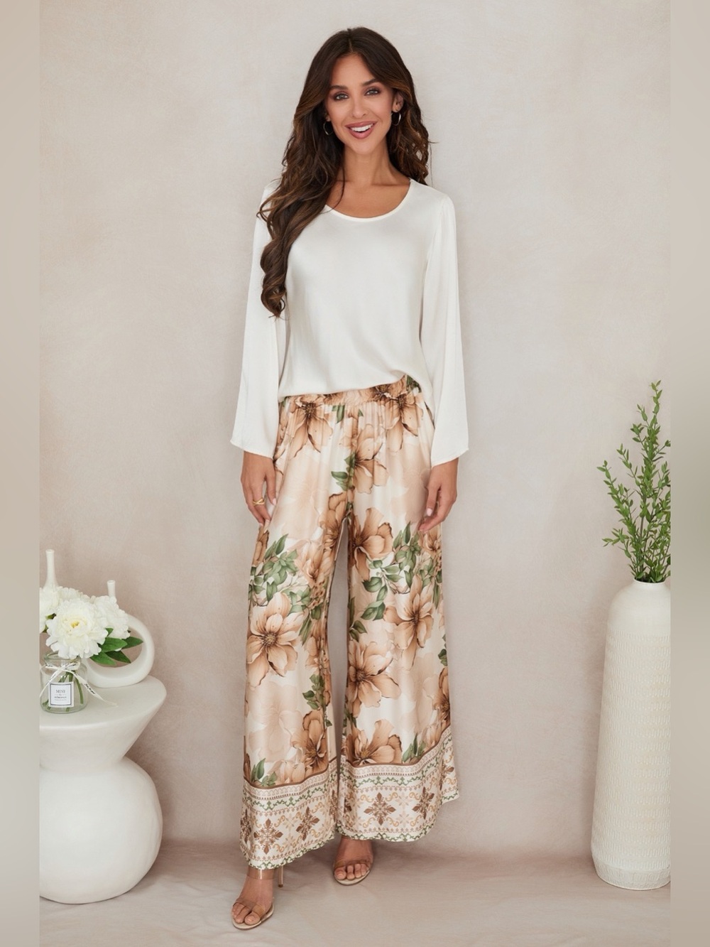 (77033-WILD-BGE) WILD HIBISCUS PRINT ELASTIC WAISTBAND WIDE LEG SILKY PANTS
